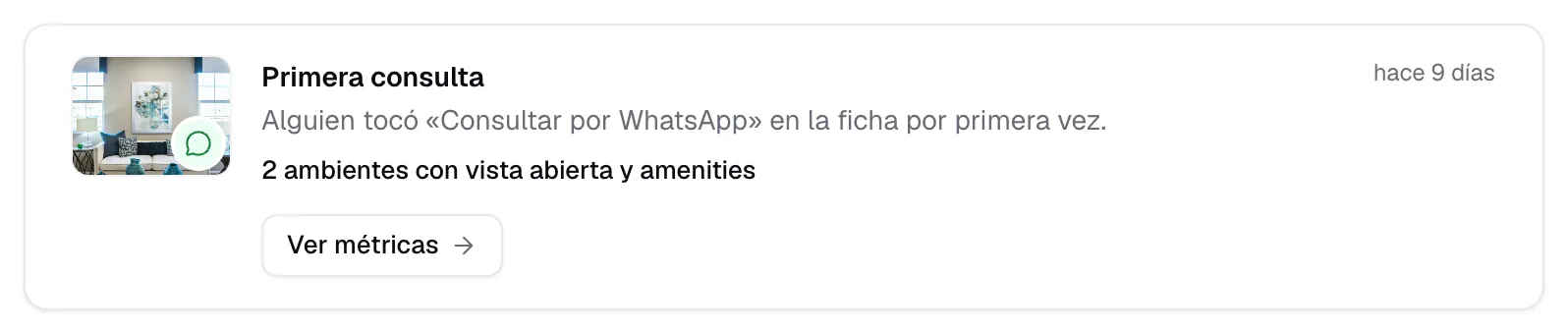 Aviso de Inmio: primera consulta, alguien tocó Consultar por WhatsApp en la ficha