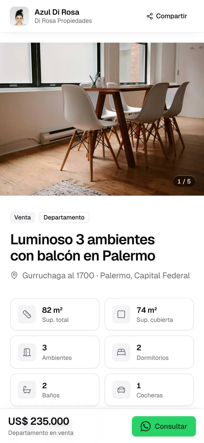 La ficha en el celular, con el nombre y la inmobiliaria de la agente arriba