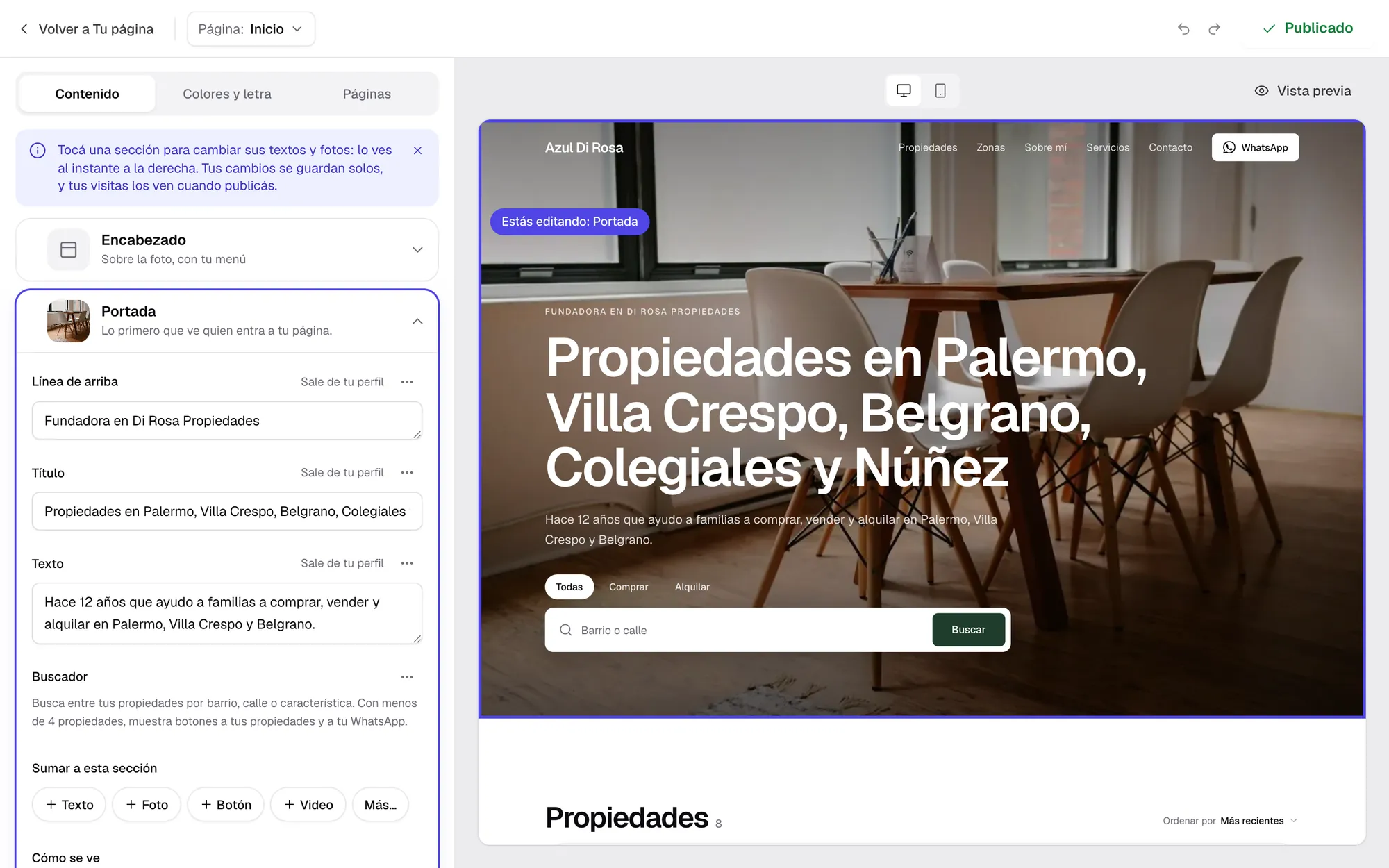 El editor del sitio web: la portada abierta en un formulario y, al lado, la vista previa
