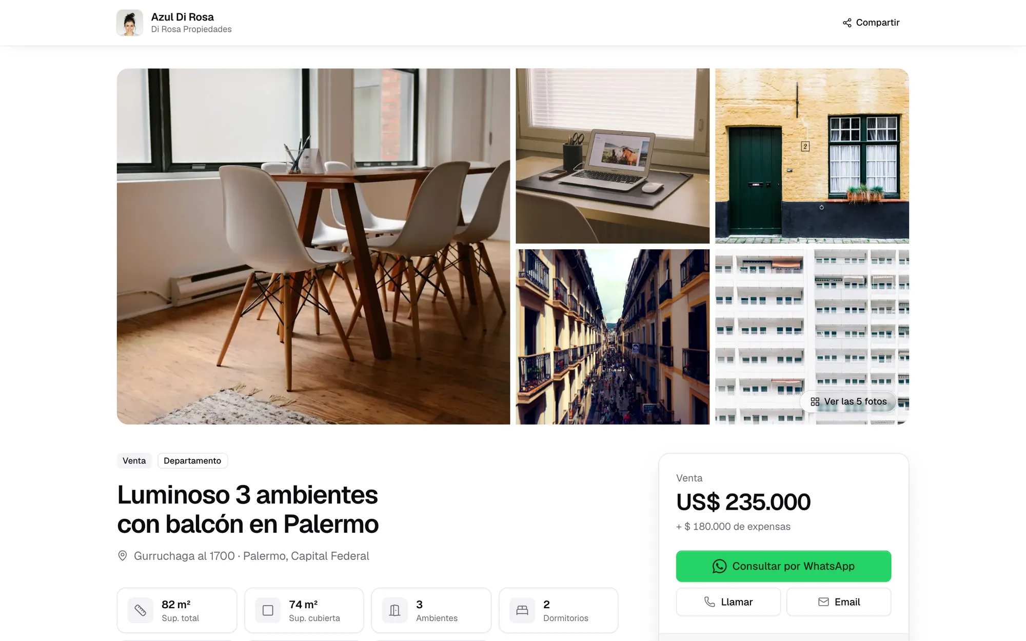 Una ficha de Inmio en la compu: las fotos de la propiedad, el precio, los datos y el botón para consultar por WhatsApp