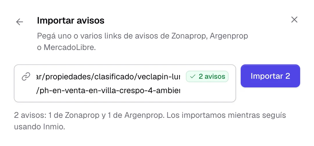 Dos links pegados, uno de Zonaprop y uno de Argenprop, listos para importar