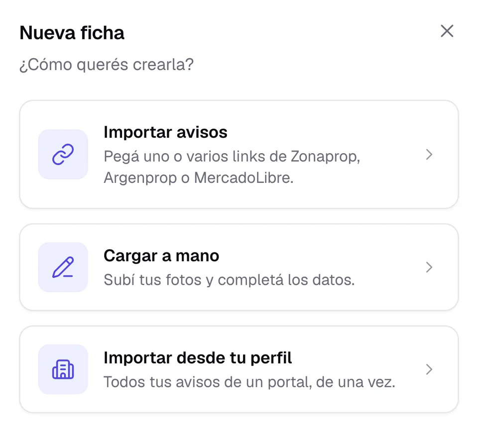 Nueva ficha en el celular: importar avisos, cargar a mano o importar desde tu perfil