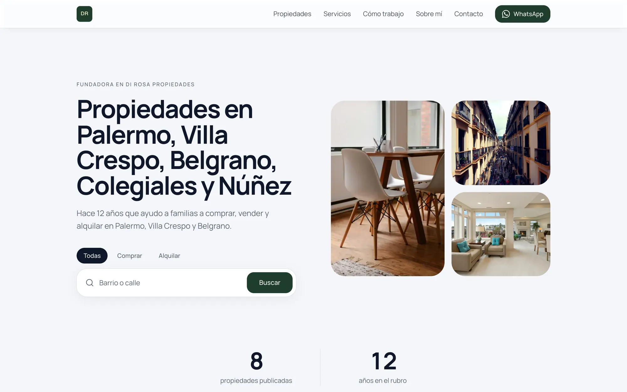 El sitio de una agente con la plantilla Estudio: buscador, fotos y sus números