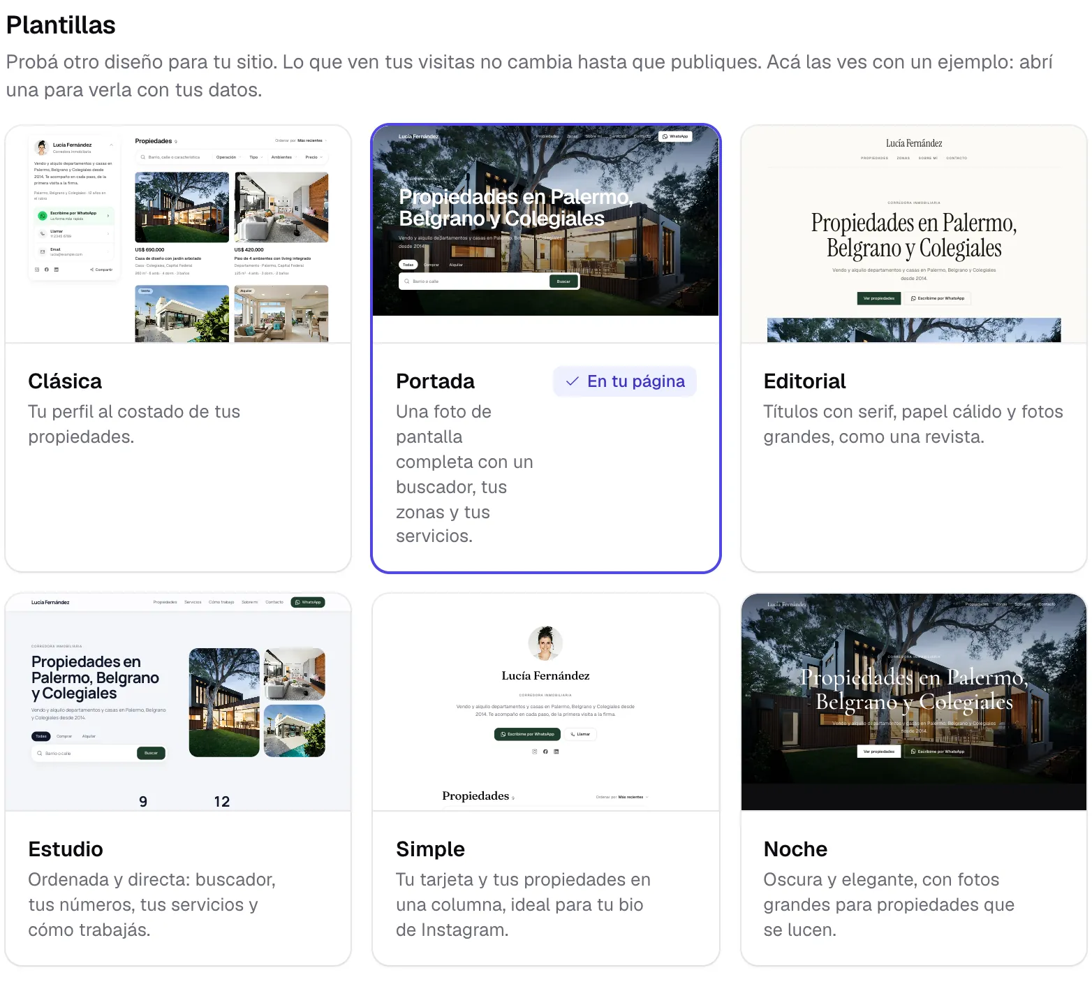 Las seis plantillas del sitio: Clásica, Portada, Editorial, Estudio, Simple y Noche