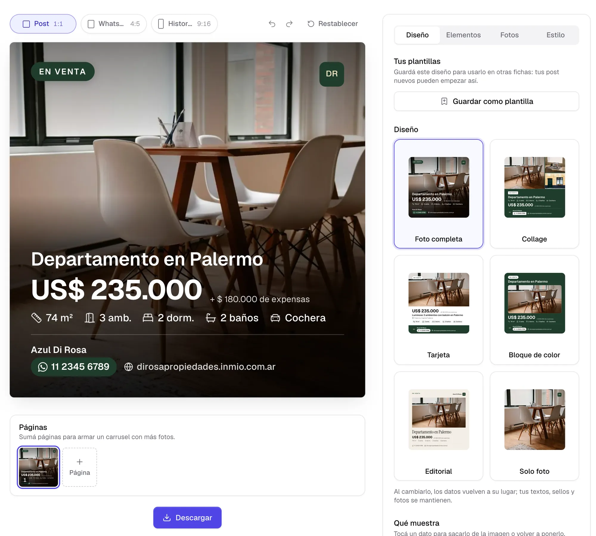 El editor de piezas para redes: el post de una propiedad y los seis diseños para elegir