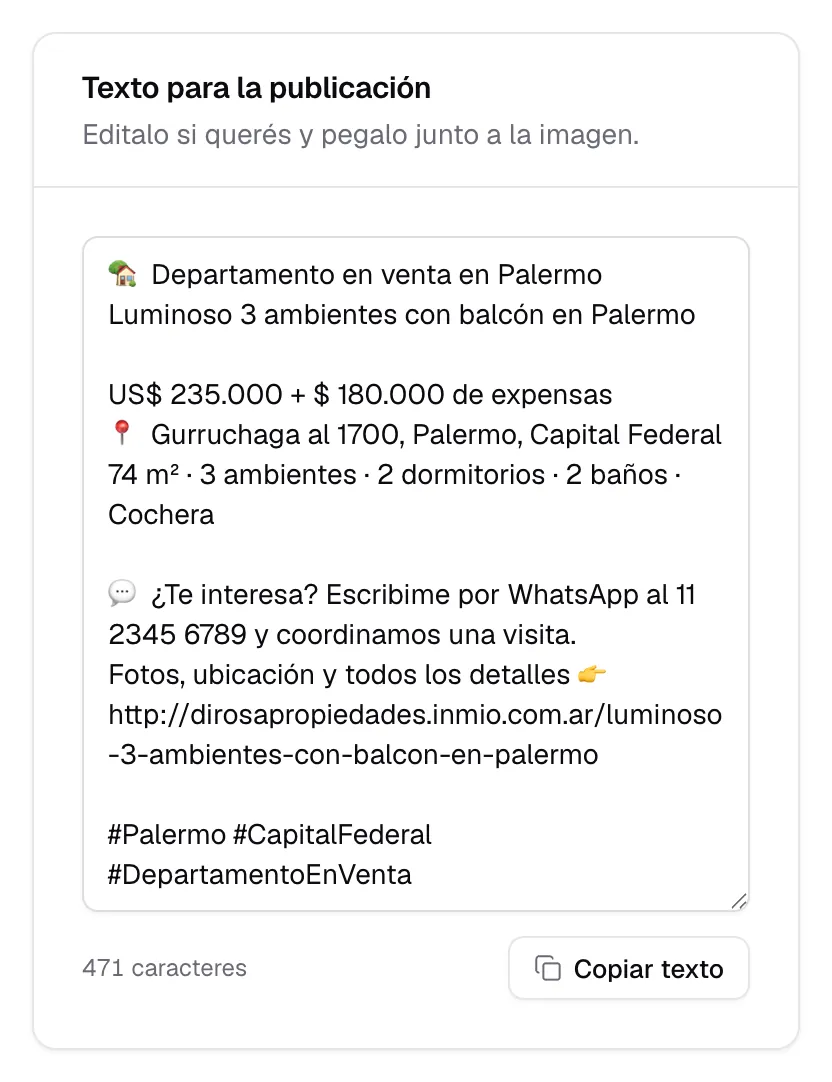 El texto para la publicación, con el precio, los datos, el link y los hashtags, y el botón Copiar texto